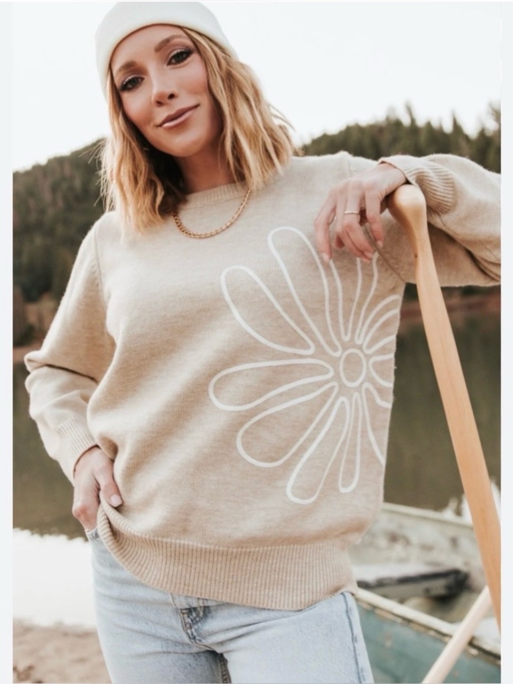 BALTIC BORN Cherish Flower Pullover Crewneck Sweater Natural Beige M